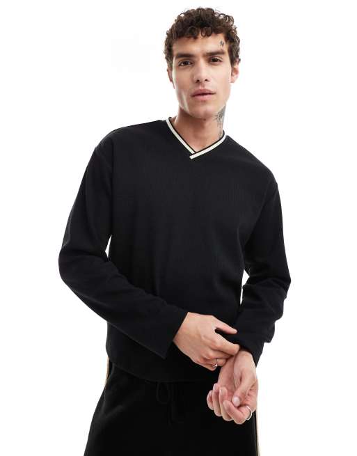 ASOS DESIGN – Lockeres, langärmliges Shirt in Schwarz mit Waffelstruktur und sportlichem Zierstreifen