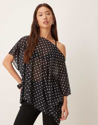 ASOS DESIGN - Lockeres, langes, schulterfreies Cape-Oberteil aus transparentem Netzstoff in Schwarz mit Polka Dots-Bunt