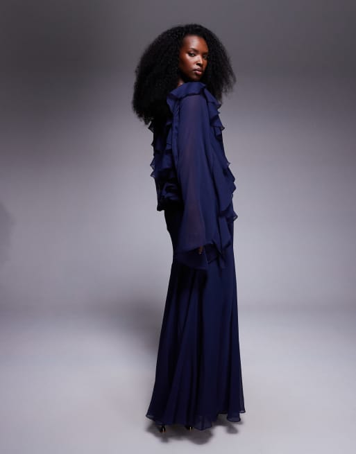 ASOS DESIGN – Lockeres Maxikleid in Marineblau mit Rüschen an der Hüfte und Godet-Design, 2 von 4