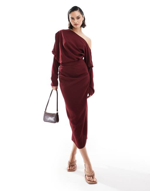 ASOS DESIGN – Lockeres Midikleid in Burgunderrot mit abfallender Schulterpartie, 2 von 4