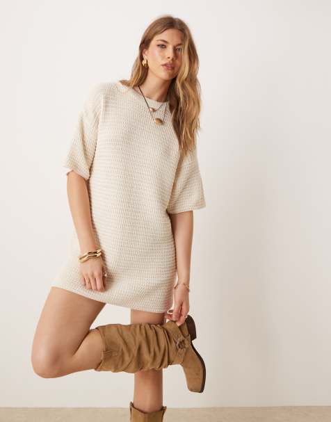 ASOS DESIGN – Lockeres Mini-T-Shirt-Kleid in Ecru mit Strickmuster - view 1