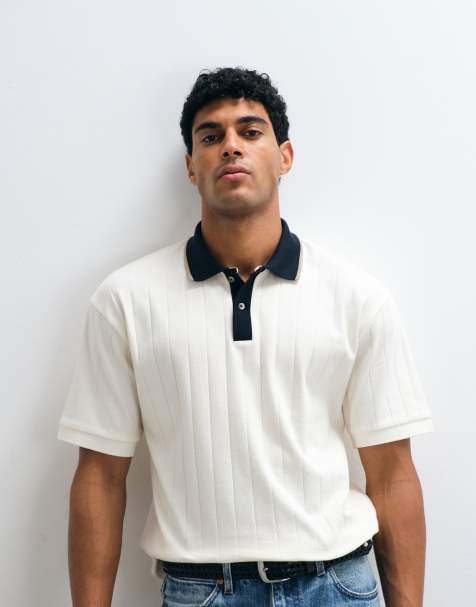 ASOS DESIGN lockeres Polo mit Kontrastkragen in Creme, breiter Rippstrick - view 1