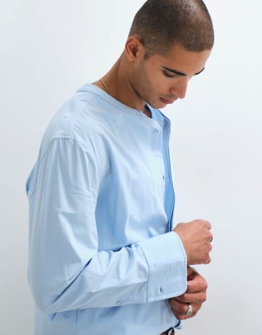 ASOS DESIGN lockeres Popeline-Hemd mit Stehkragen in Blau, 3 von 5
