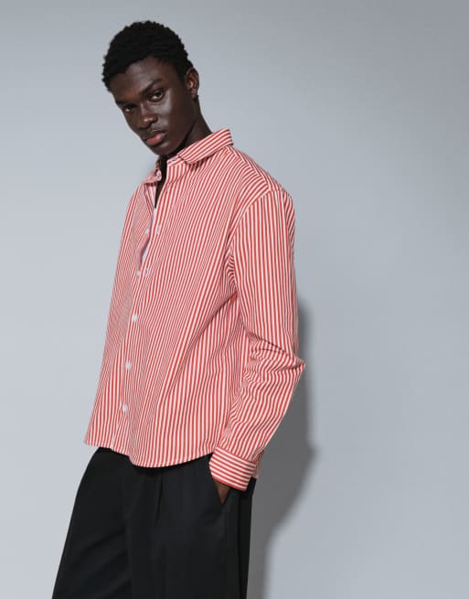 ASOS DESIGN lockeres Popeline-Hemd mit Streifen in Rot, 5 von 7