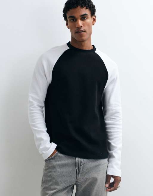 ASOS DESIGN lockeres Raglan-T-Shirt in Schwarz und Weiß mit Waffelstruktur, 5 von 5