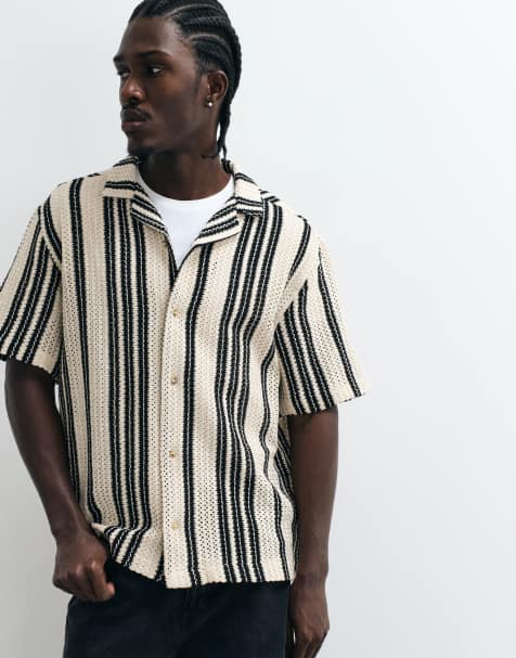 ASOS DESIGN lockeres Revers-Hemd mit Häkelstreifen in Schwarz und Naturweiß - view 1