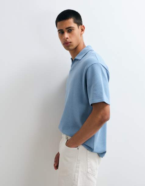 ASOS DESIGN lockeres Revers-Polo in Blau mit Waffelstruktur - view 1
