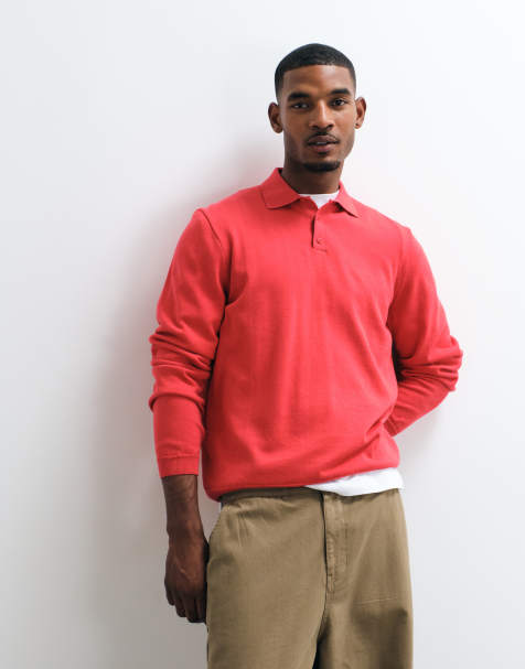 ASOS DESIGN lockeres Strick-Polo mit langen Ärmeln in Rot - view 1