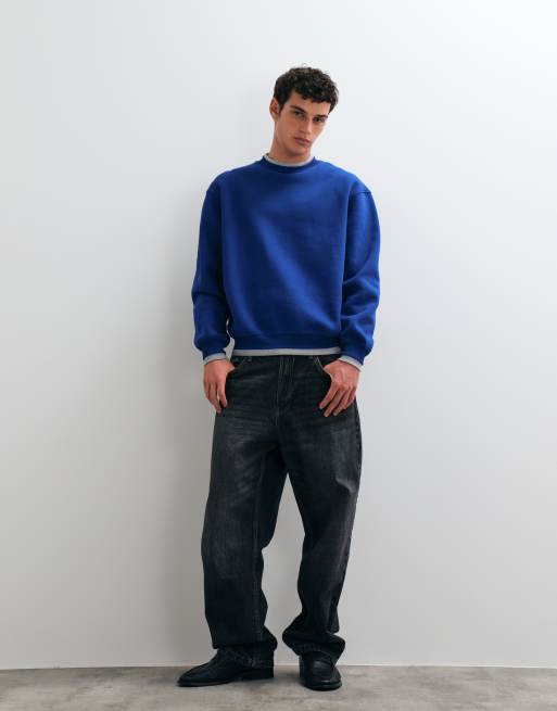 ASOS DESIGN lockeres Sweatshirt mit Rundhalsausschnitt und angesetzten Rippen in Blau aus Poly-Baumwolle, 2 von 5