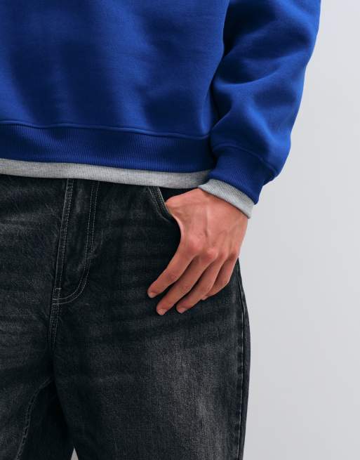 ASOS DESIGN lockeres Sweatshirt mit Rundhalsausschnitt und angesetzten Rippen in Blau aus Poly-Baumwolle, 5 von 5