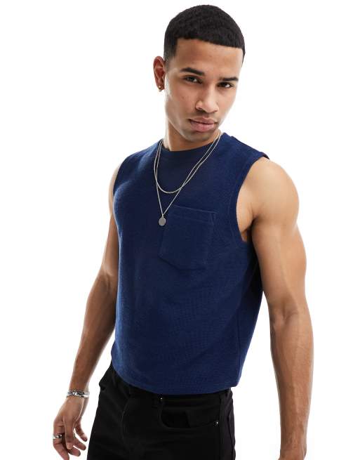 ASOS DESIGN – Lockeres Tanktop in strukturiertem Marineblau mit Brusttasche 