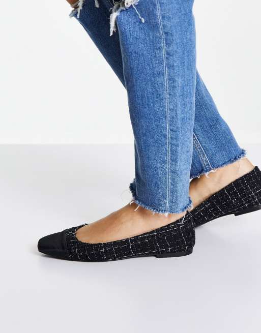 ASOS DESIGN Locket square toe ballet flats black tweed