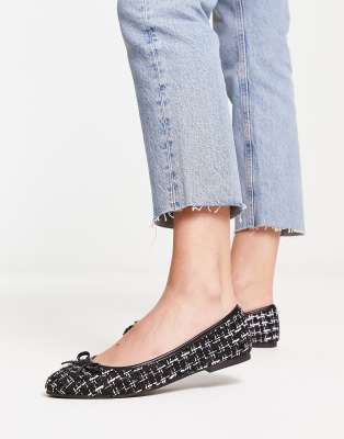 ASOS DESIGN Locus round ballet flats in black and white tweed