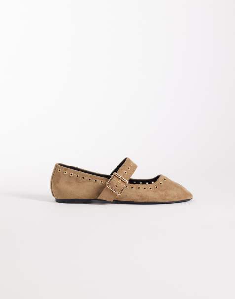 ASOS DESIGN Loden eyelet detail mary jane ballet flats in sand suedette - view 1