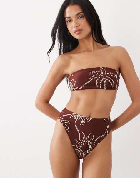 ASOS DESIGN – Logan – Chokladbrun, palmmönstrad bikiniunderdel med hög benskärning och hög midja - view 1