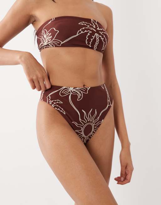 ASOS DESIGN Logan high leg high waist bikini bottoms in chocolate palm print, 2 of 4