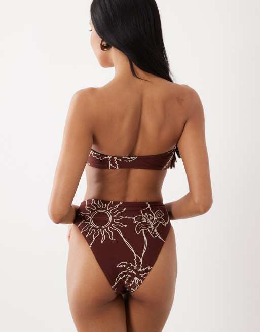 ASOS DESIGN Logan high leg high waist bikini bottoms in chocolate palm print, 3 of 4