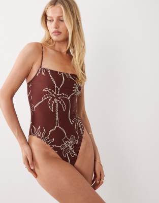 Asos Design Logan Square Neck Swimsuit In Multi