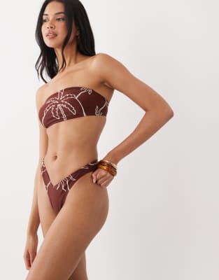 Asos Design Brogan V Front Cheeky Bikini Bottom In Brown