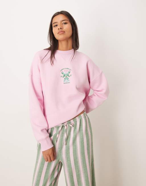 ASOS DESIGN logo jersey sweatshirt pyjama set with woven stripe pants in pink and green stripe, 2 of 4