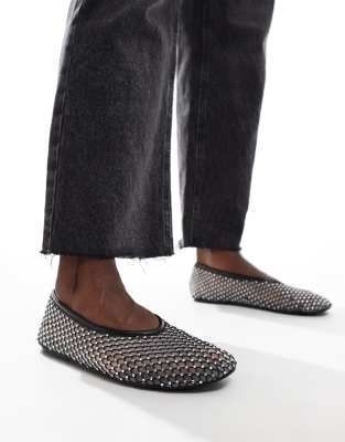 Asos Design Loki Crystal Embellished Mesh Ballet Flats In Black