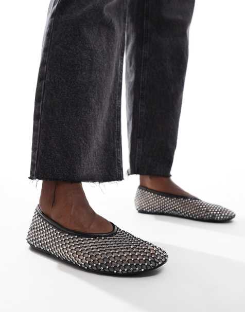 ASOS DESIGN Loki crystal embellished mesh ballet flats in black - view 1