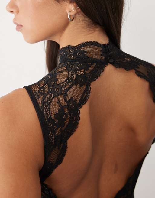 ASOS DESIGN - Lola - Body en dentelle avec découpe et col montant - Noir, 2 de 3