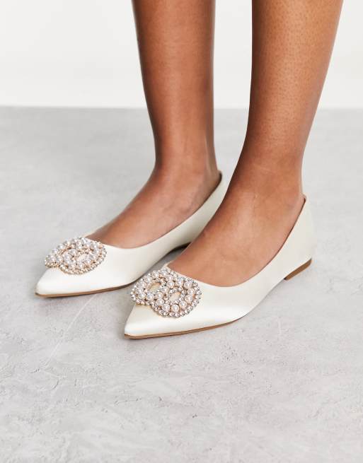 ASOS Lola faux pearl embellished pointed ballet flats in ivory satin | ASOS