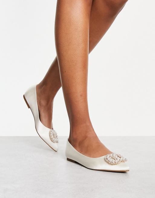 ASOS Lola faux pearl embellished pointed ballet flats in ivory satin | ASOS