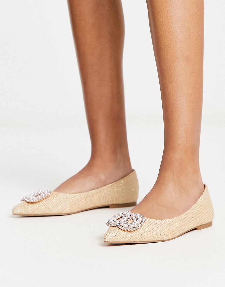 Asos Design Wide Fit Lola Faux Pearl Pointed Ballet Flats In Natural-neutral