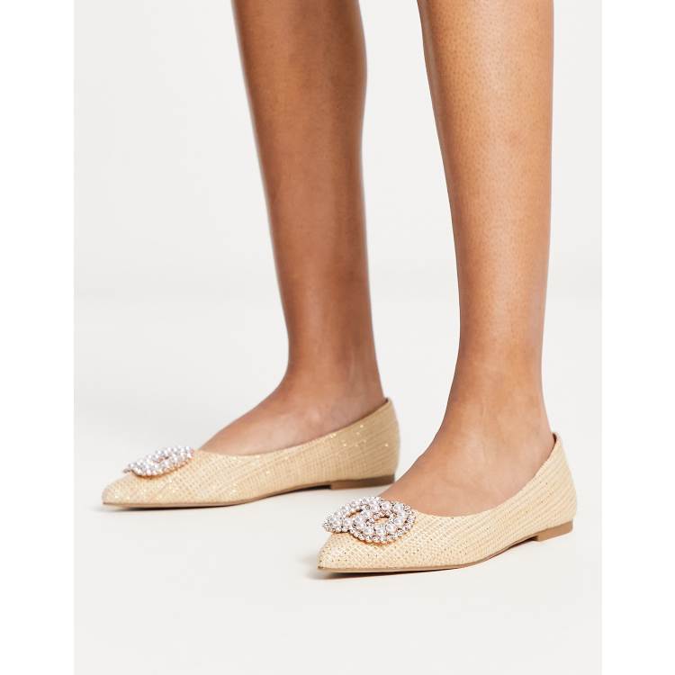 ASOS DESIGN Lola faux pearl pointed ballet flats in natural | ASOS