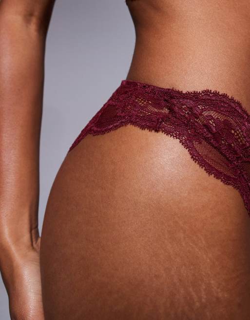 ASOS DESIGN Lola lace brazilian brief in burgundy, 3 of 4