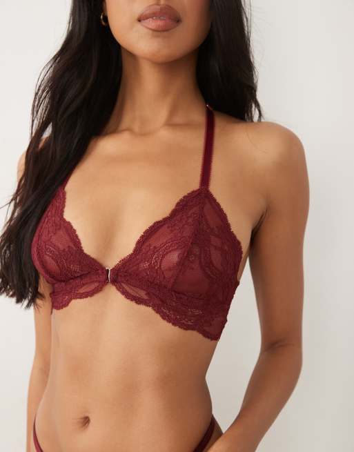 ASOS DESIGN Lola lace front closure triangle bra in burgundy, 2 of 4
