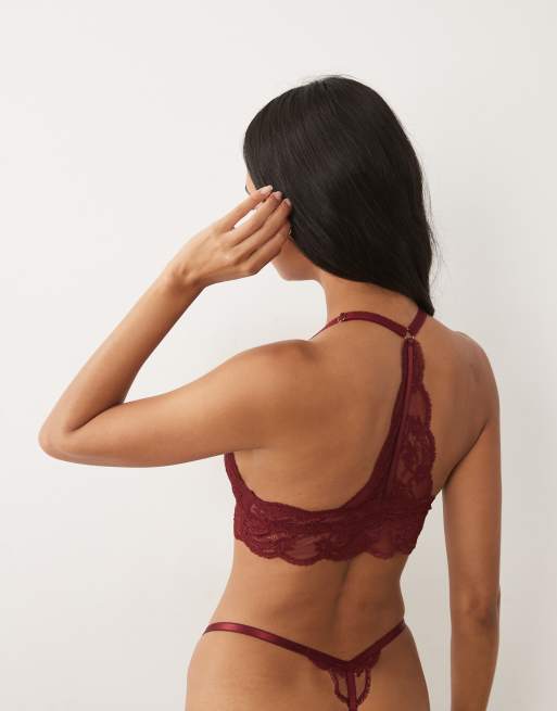 ASOS DESIGN Lola lace front closure triangle bra in burgundy, 3 of 4