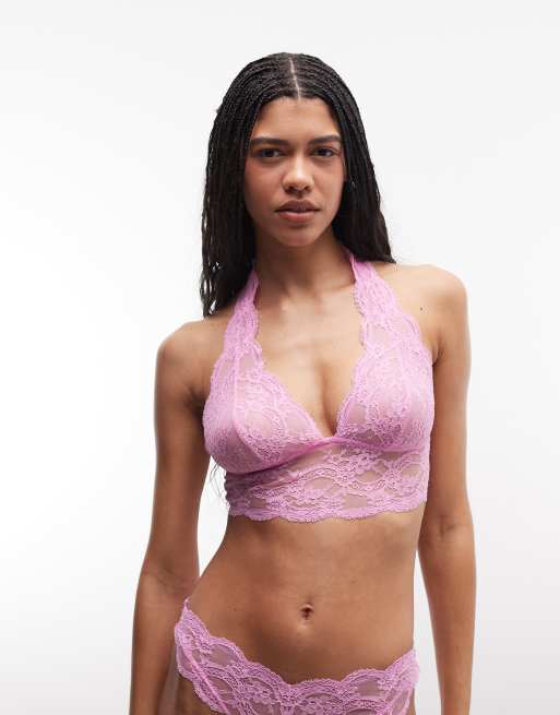 ASOS DESIGN Lola lace halter neck bralette in candy pink, 2 of 4
