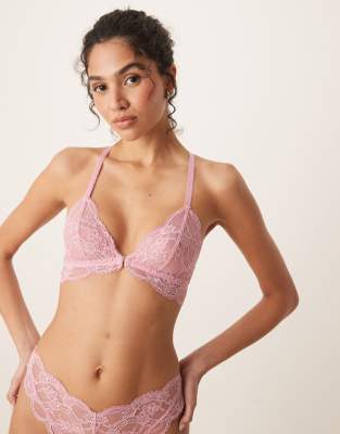 ASOS DESIGN Lola lace triangle bra with front fastening in baby pink - view 1