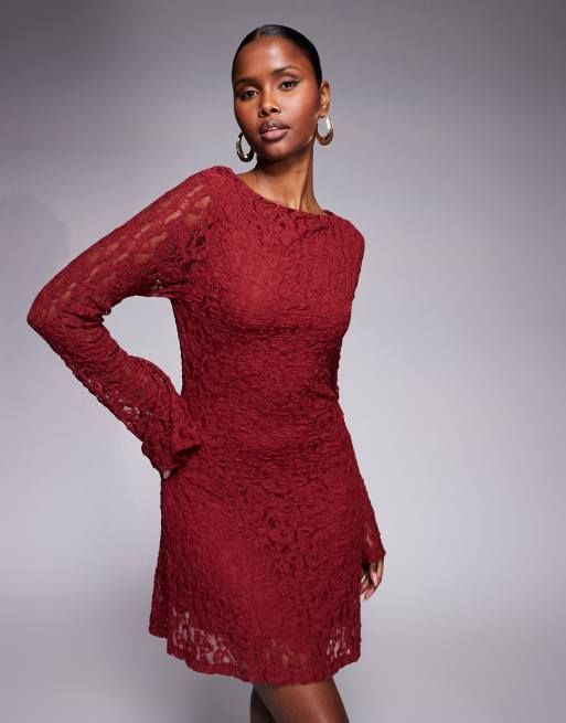 ASOS DESIGN long angel sleeve lace mini dress in burgundy, 2 of 4