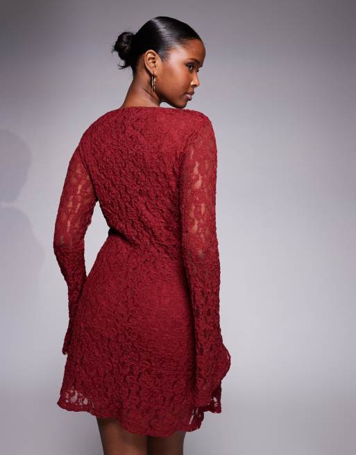 ASOS DESIGN long angel sleeve lace mini dress in burgundy, 3 of 4