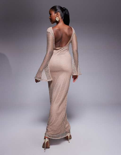 ASOS DESIGN long angel sleeve low back textured maxi dress in stone