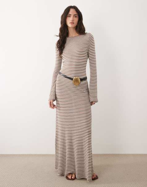 ASOS DESIGN long angel sleeve maxi dress in crochet look fabric in mono stripe - view 1