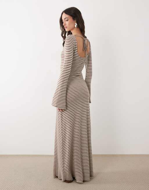 ASOS DESIGN long angel sleeve maxi dress in crochet look fabric in mono stripe, 4 of 4