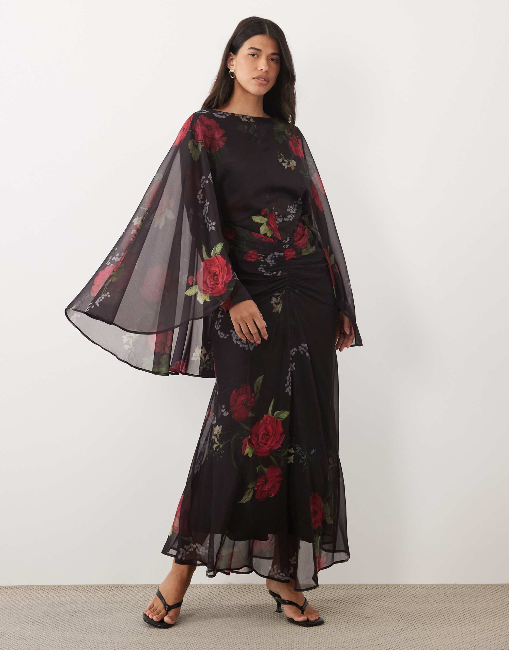 asos design long angel sleeve maxi dress with ruched waist in plum floral print