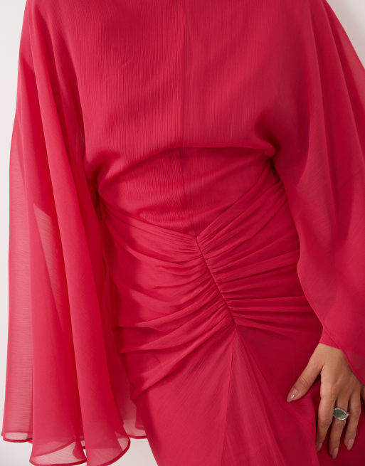 ASOS DESIGN long angel sleeve maxi dress with ruched waist in raspberry, 2 of 4