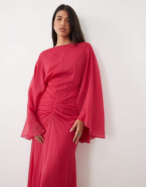 ASOS DESIGN long angel sleeve maxi dress with ruched waist in raspberry, 3 of 4