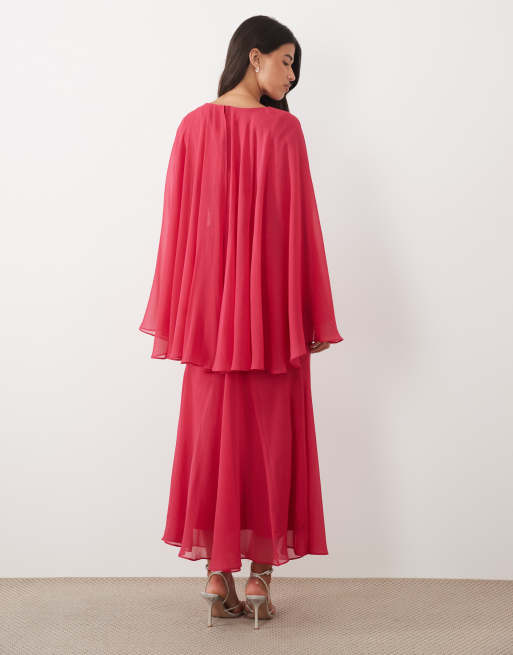 ASOS DESIGN long angel sleeve maxi dress with ruched waist in raspberry, 4 of 4