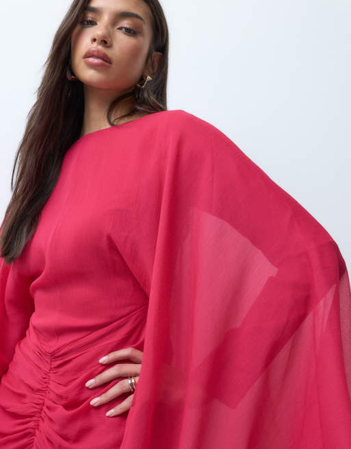 ASOS DESIGN long angel sleeve maxi dress with ruched waist in red, 4 of 5