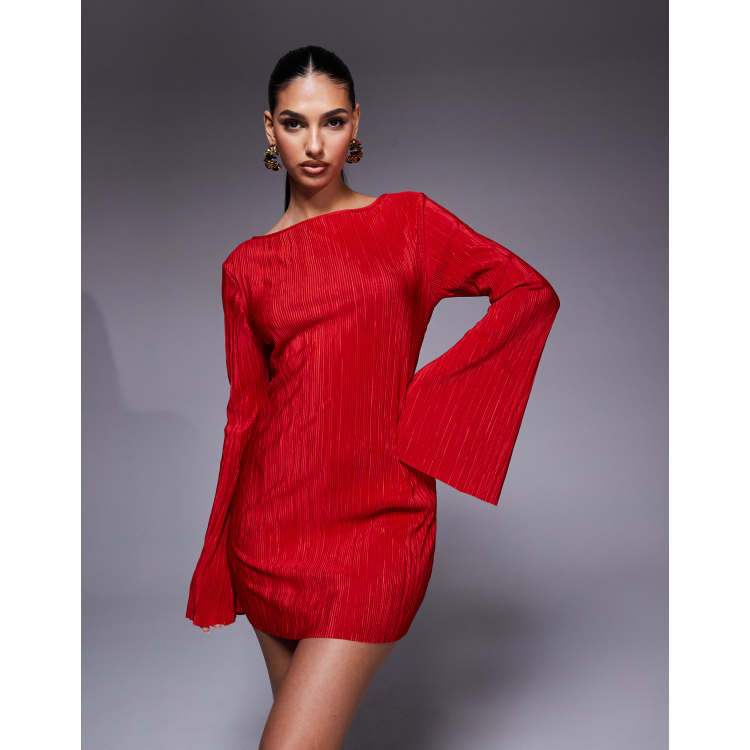 designer red dress with sleeves ASOS DESIGN long angel sleeve plisse mini dress in red