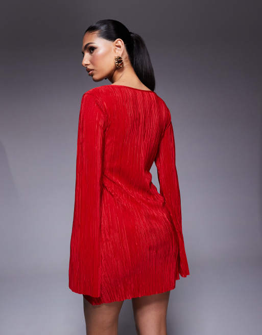 ASOS DESIGN long angel sleeve plisse mini dress in red