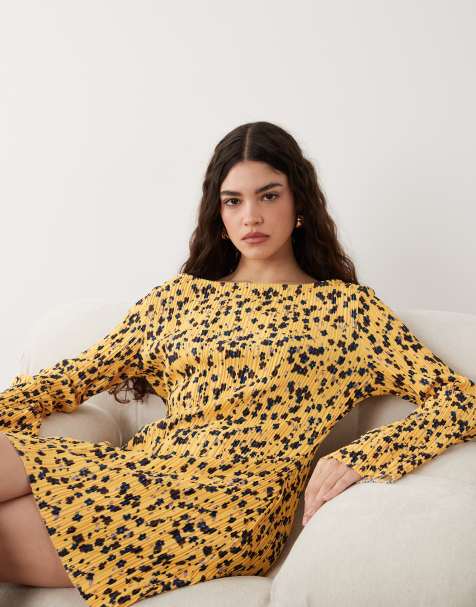 ASOS DESIGN long angel sleeve plisse mini dress in yellow floral print - view 1
