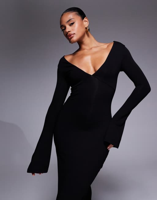 ASOS DESIGN long angel sleeve shoulder grazer midi dress in black
